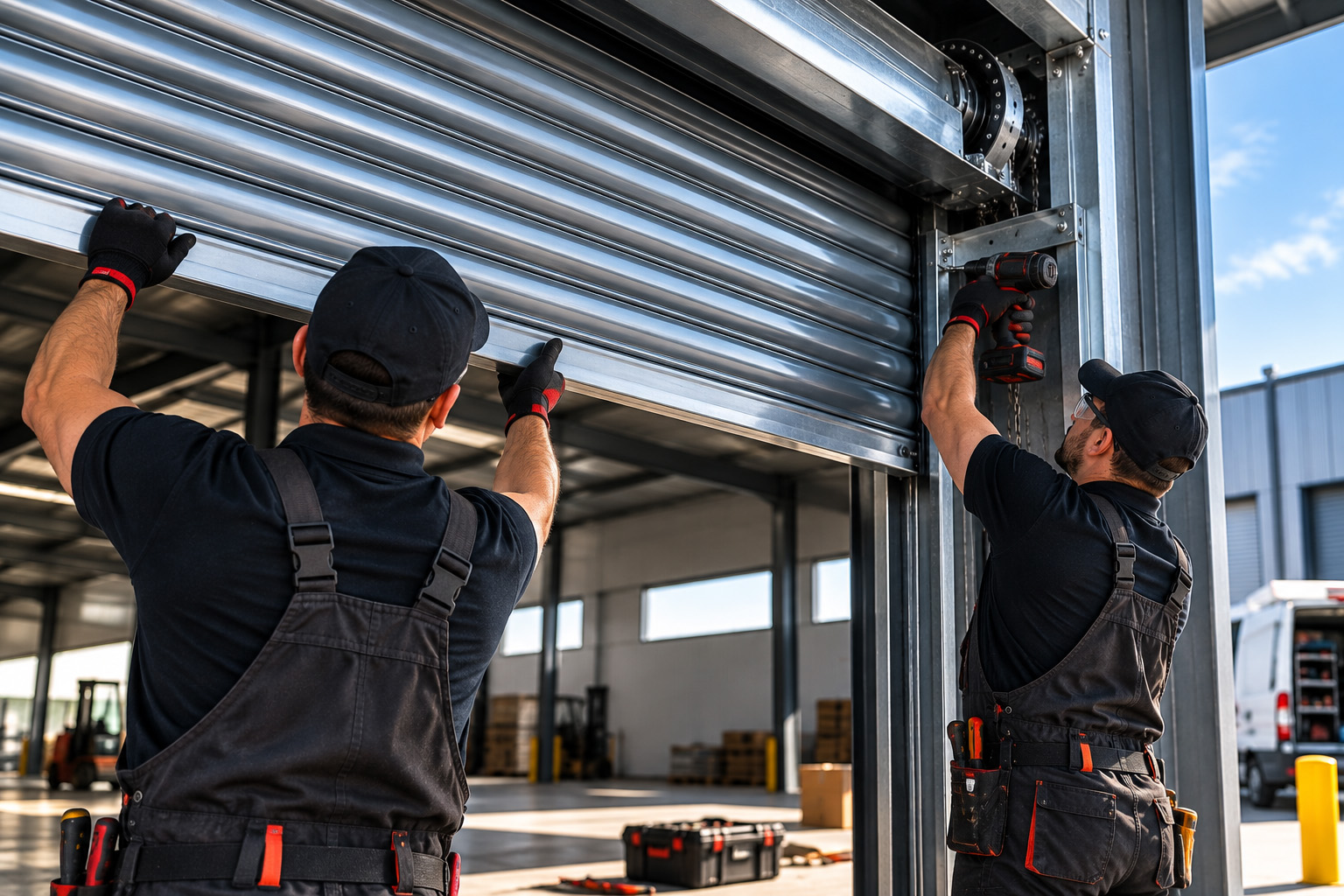 Industrial Workers Installing a Roller Door