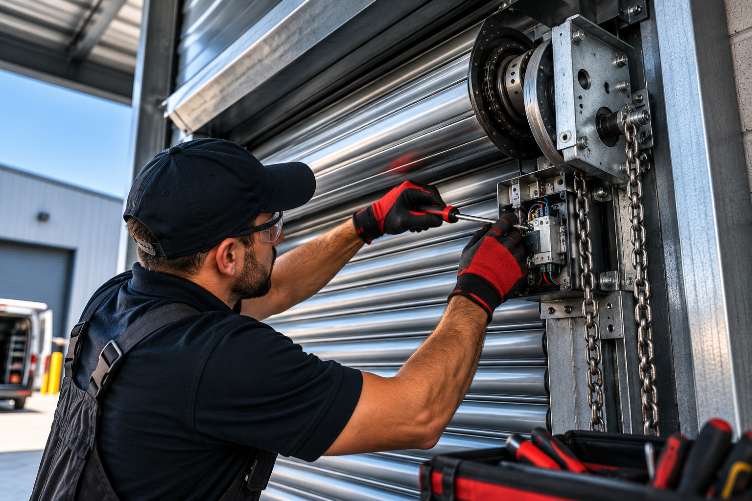 Technician Repairing Roller Shutter Mechanism